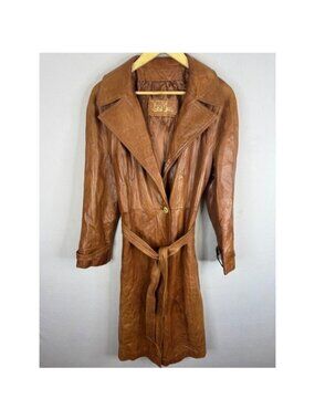 Vintage 70s Skin Gear Leather Trench Coat Cognac Brown Belted Jacket Women S